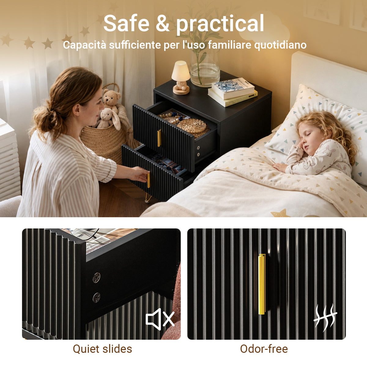 SoBuy FBT115-SCH Bedside Table with 2 Drawers – Compact Nightstand for Bedroom, Fluted Drawer Fronts, Gold Legs, Black W40×D40×H47cm
