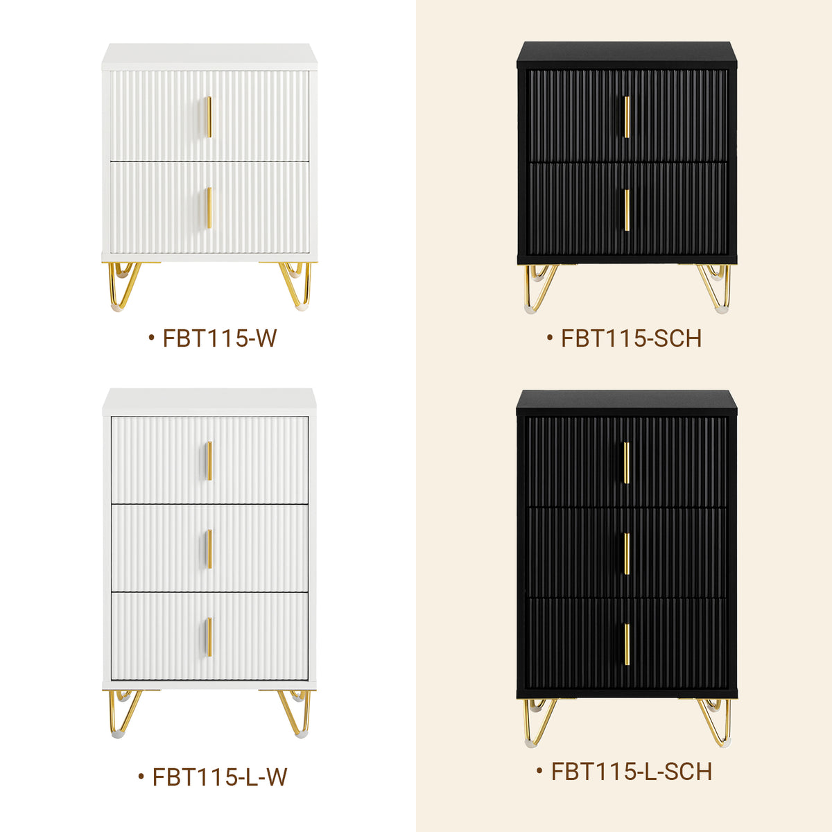 SoBuy FBT115-SCH Bedside Table with 2 Drawers – Compact Nightstand for Bedroom, Fluted Drawer Fronts, Gold Legs, Black W40×D40×H47cm