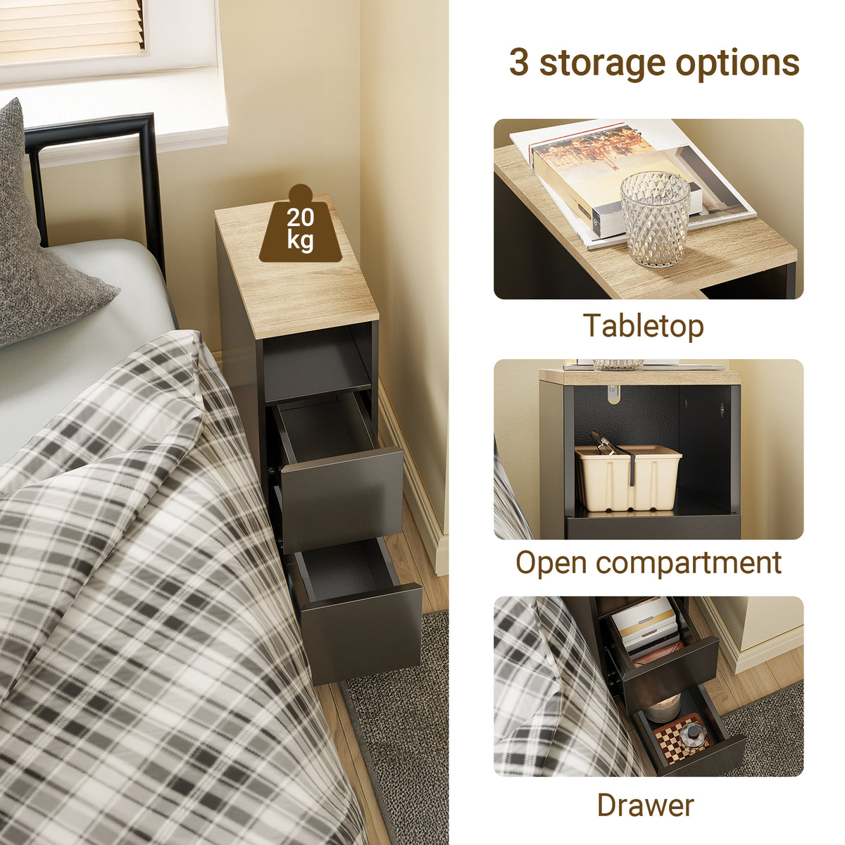 Pre-sale SoBuy FBT149-SCH Slim Bedside Table with 2 Drawers & Open Shelf – Narrow Nightstand Side Table W20 x D35 x H60cm, Black