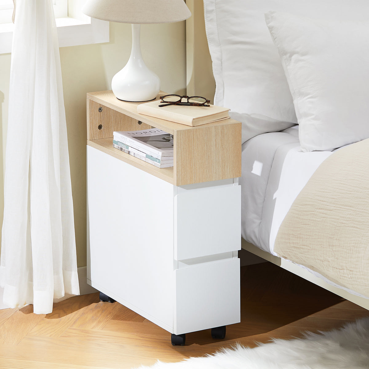 SoBuy FBT155-WN Slim Rolling Side Table with 2 Drawers - Bedside Table with Wheels for Small Spaces, Narrow Wheeled Nightstand for Bedroom/Living Room, 50x20x61cm White/Natural