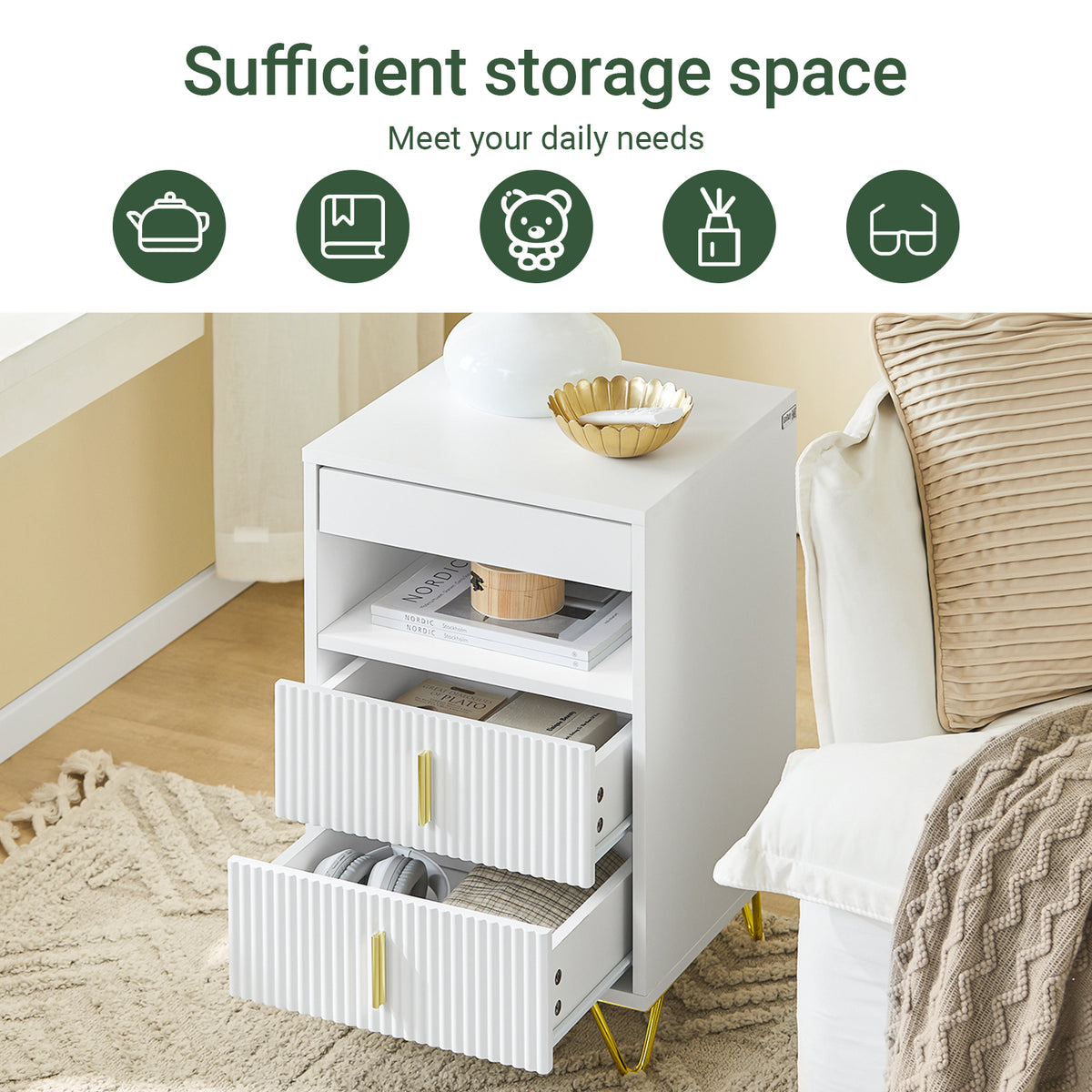 SoBuy FBT168-W, Bedside Table, Bedside Cabinet, Nightstand with 3 Drawers and Shelf, Side Table for Bedroom Living Room, White W40 x D40 x H63cm