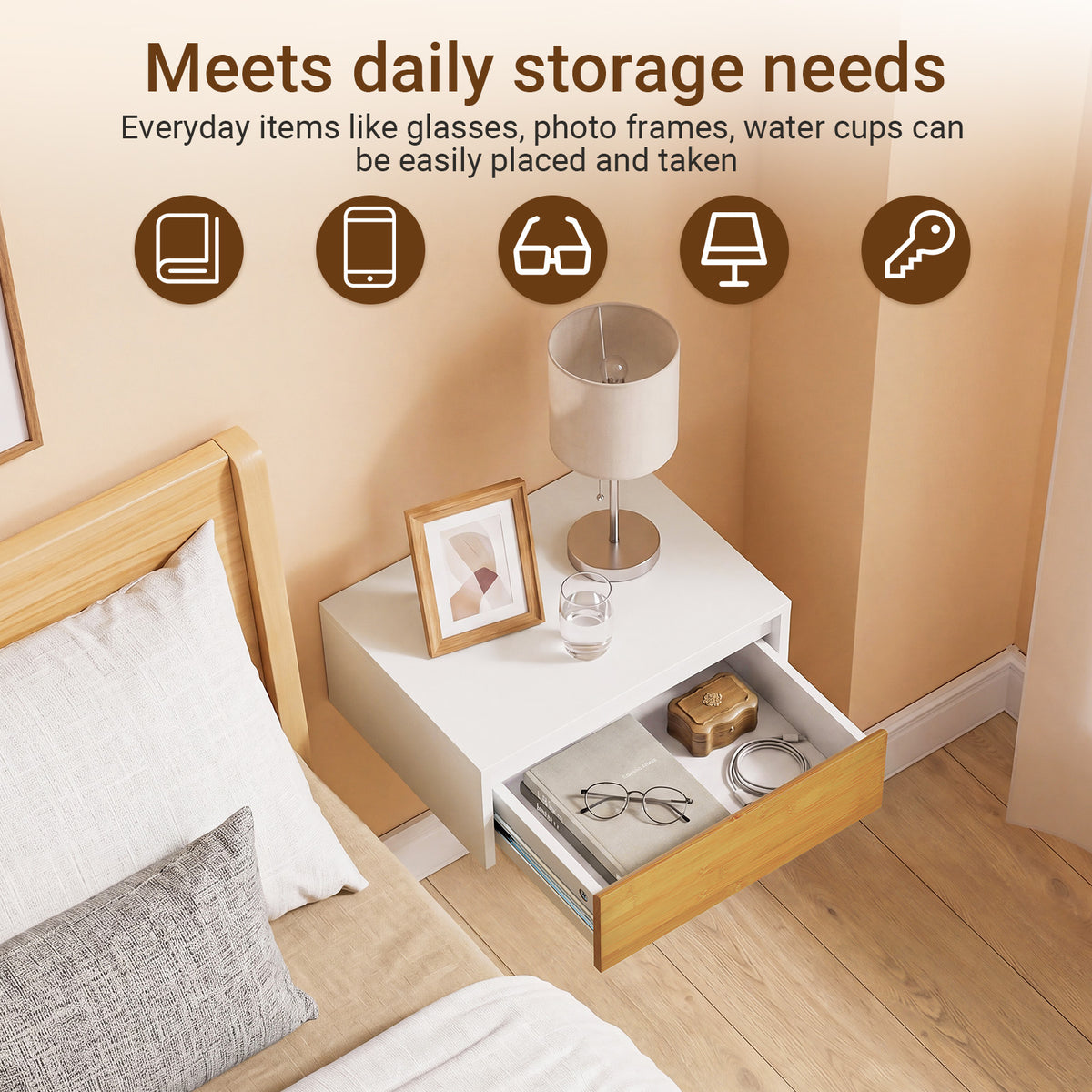 SoBuy FBT174-E-WN, Floating Bedside Table with Drawer & Magnetic Light for Bedroom | Wall Mounted Floating Shelf with Hidden Handle, Space Saving Living Room Storage, White & Natural, 40×30×16cm