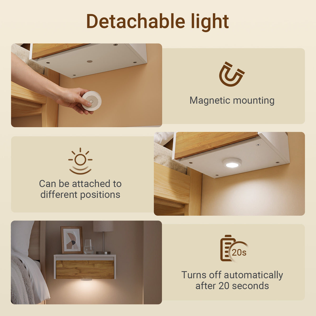 SoBuy FBT174-E-WN, Floating Bedside Table with Drawer & Magnetic Light for Bedroom | Wall Mounted Floating Shelf with Hidden Handle, Space Saving Living Room Storage, White & Natural, 40×30×16cm
