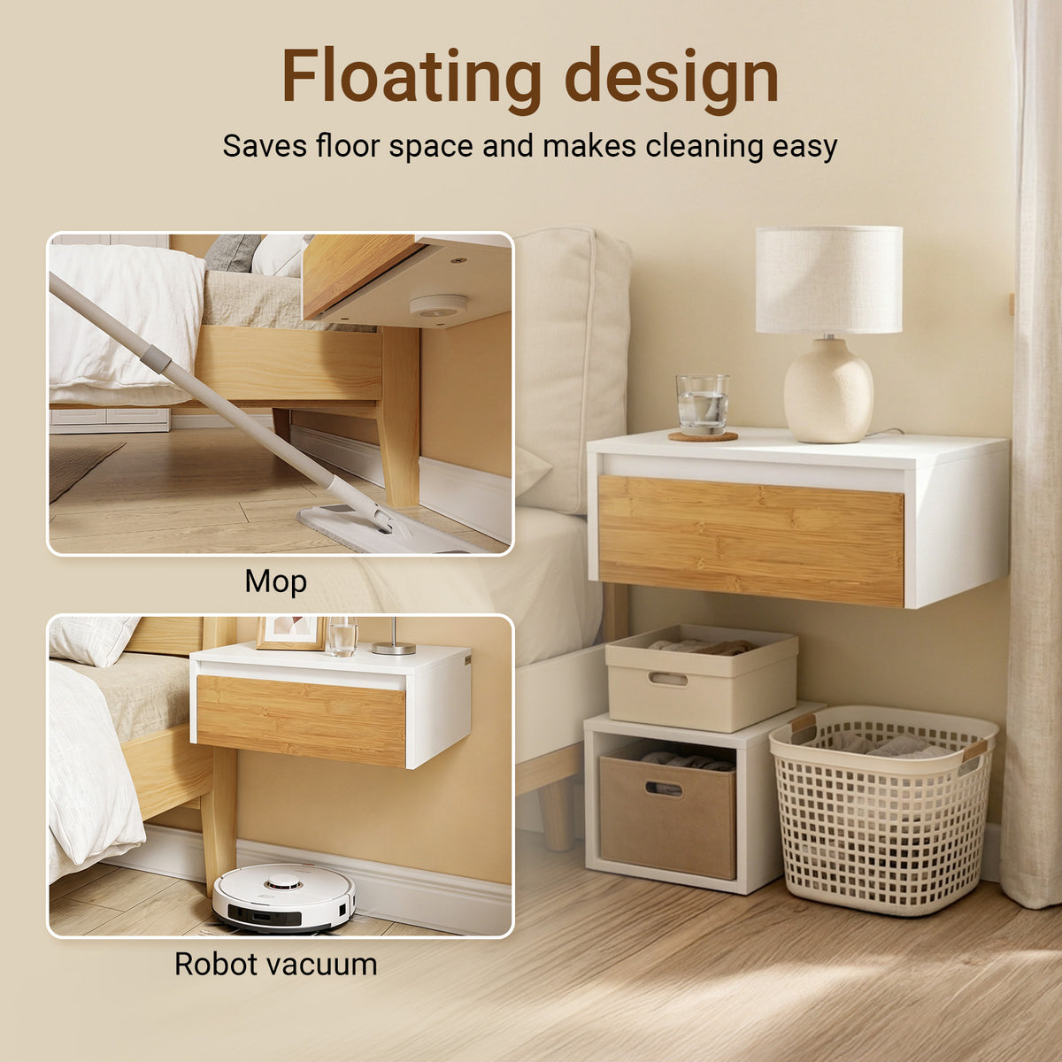 SoBuy FBT174-E-WN, Floating Bedside Table with Drawer & Magnetic Light for Bedroom | Wall Mounted Floating Shelf with Hidden Handle, Space Saving Living Room Storage, White & Natural, 40×30×16cm