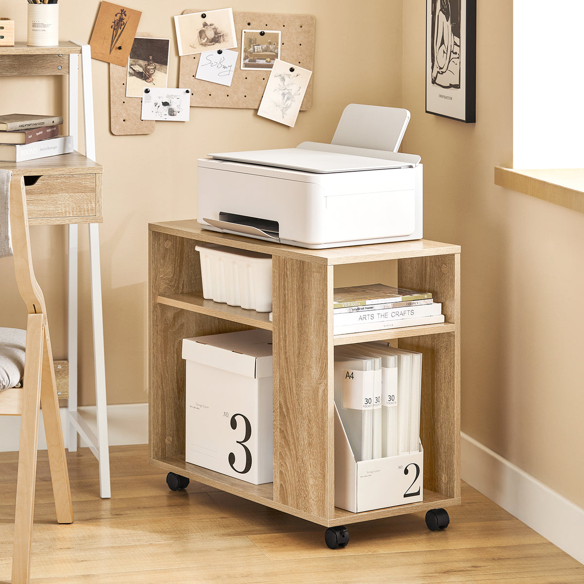 SoBuy FBT34-N, Side Table End Table with Storage Shelves, 2 Tiers Bookcase on Wheels, Wood