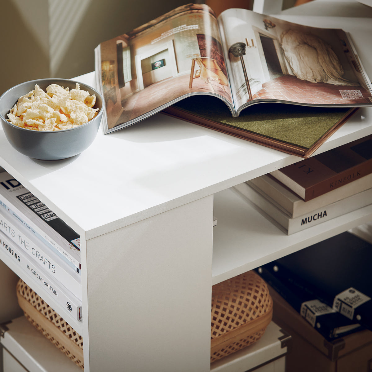 SoBuy FBT34-W, Side Table End Table with Storage Shelves, 2 Tiers Bookcase on Wheels, White