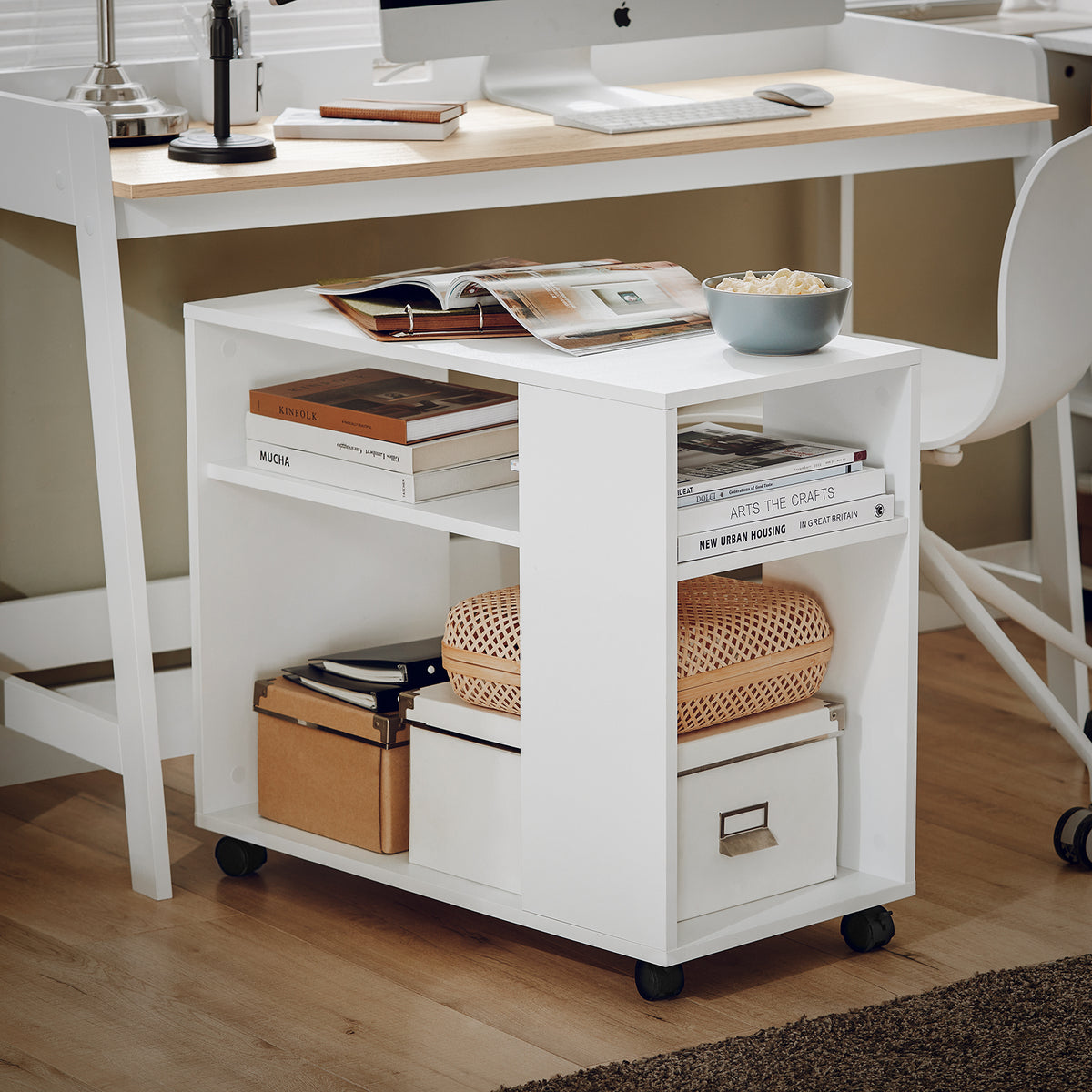 SoBuy FBT34-W, Side Table End Table with Storage Shelves, 2 Tiers Bookcase on Wheels, White