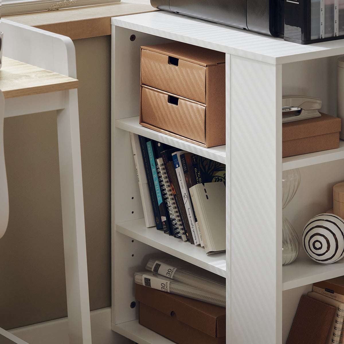 SoBuy FBT68-W, 3 Tiers Bookcase Storage Shelf on Wheels, Desk Side Printer Shelf, White