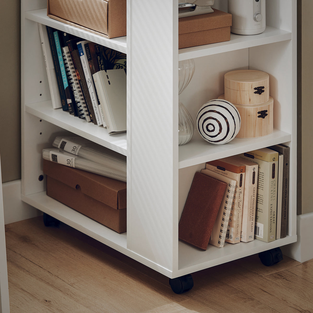 SoBuy FBT68-W, 3 Tiers Bookcase Storage Shelf on Wheels, Desk Side Printer Shelf, White
