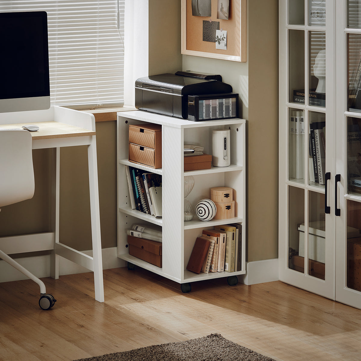 SoBuy FBT68-W, 3 Tiers Bookcase Storage Shelf on Wheels, Desk Side Printer Shelf, White