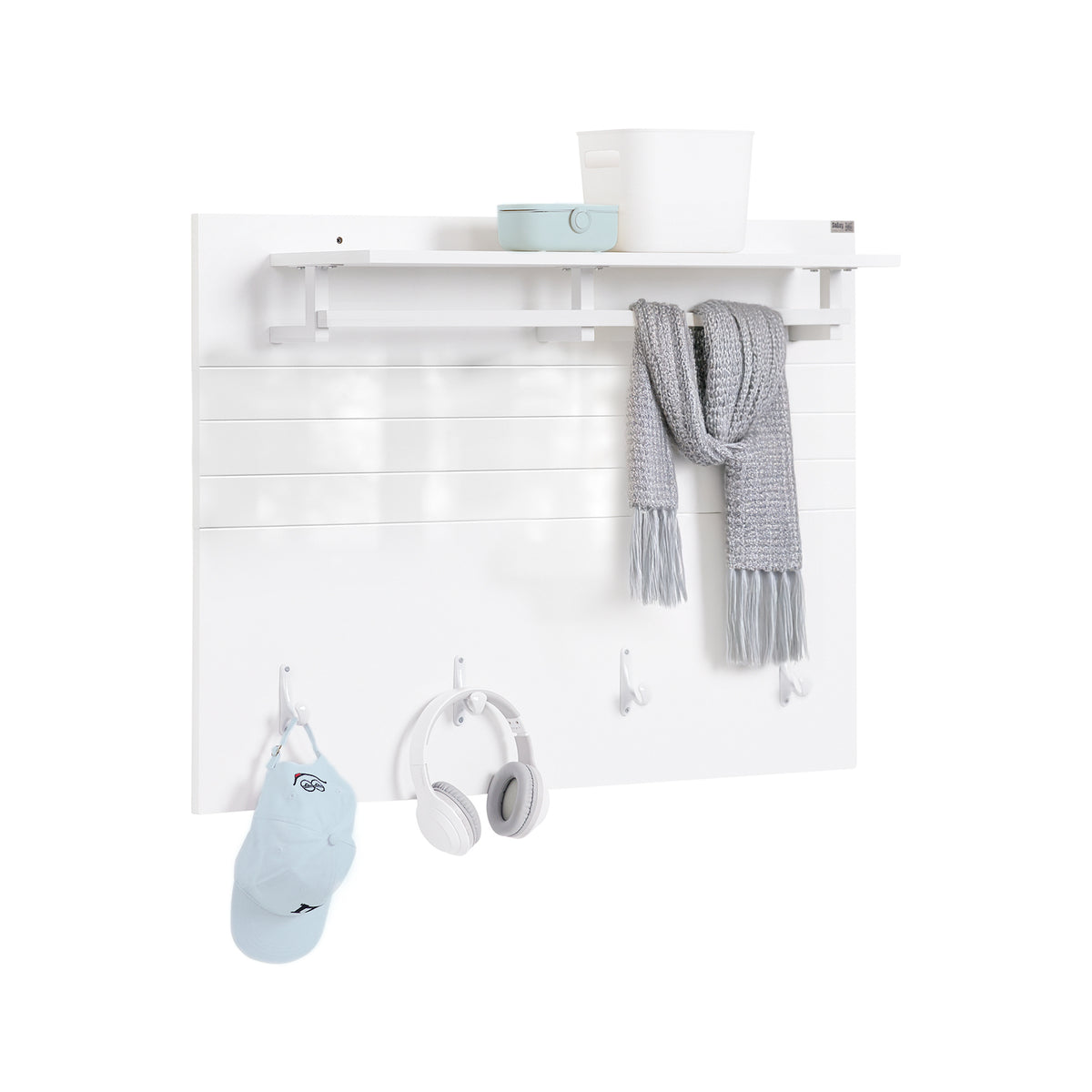 SoBuy FHK36-W, Wall Coat Rack Wall Shelf Wall Panel Wardrobe Panel with 4 Hooks High Gloss White, White