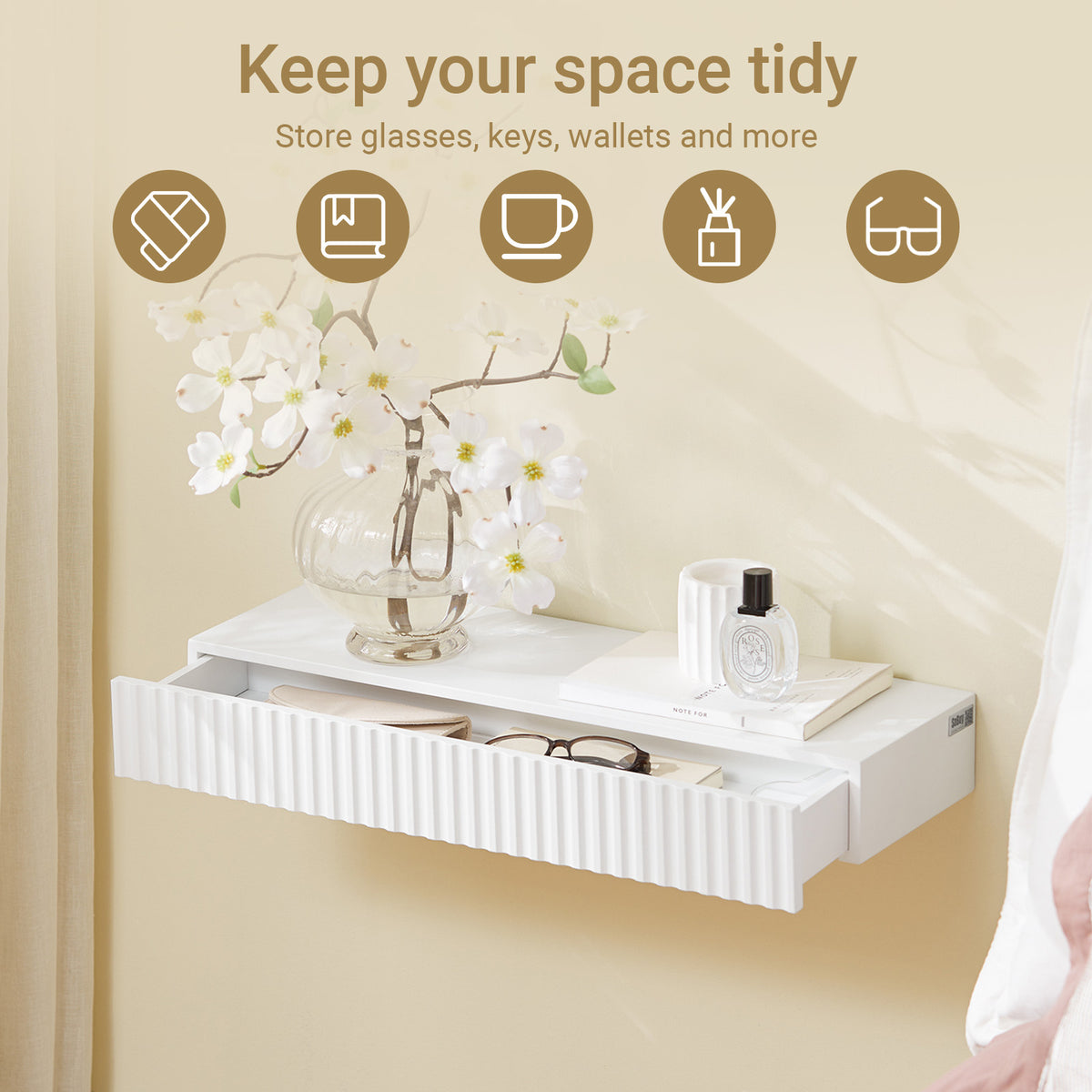 SoBuy FHK38-W, Floating Shelf with Drawer & LED Motion Sensor Light, Wall Shelf for Bedroom, Entryway & Living Room, Battery-Powered, W60 x D20 x H8cm, White