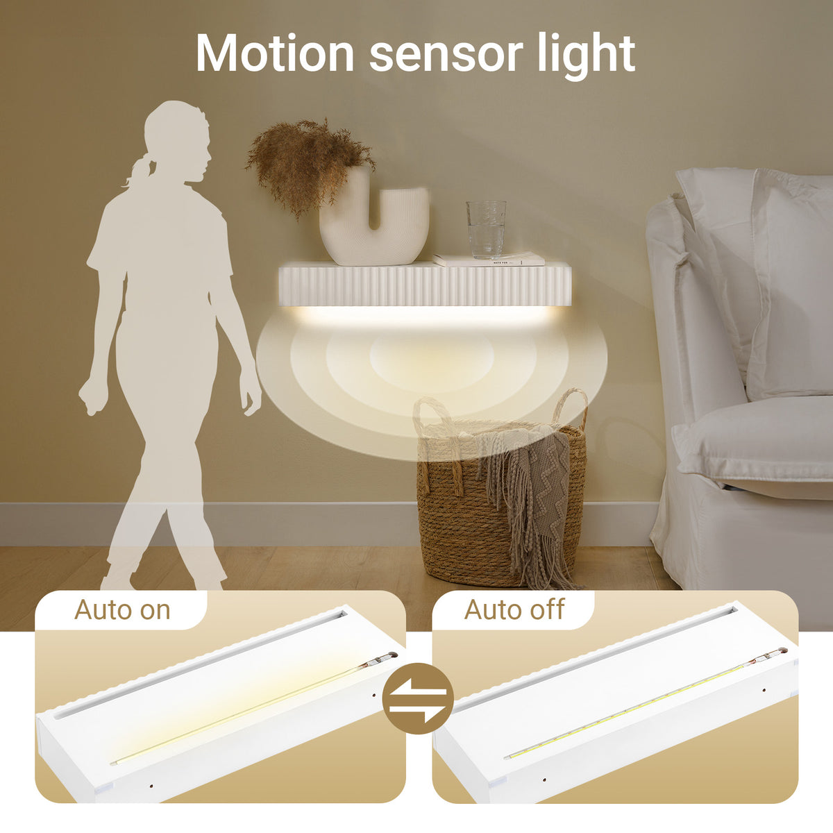 SoBuy FHK38-W, Floating Shelf with Drawer & LED Motion Sensor Light, Wall Shelf for Bedroom, Entryway & Living Room, Battery-Powered, W60 x D20 x H8cm, White