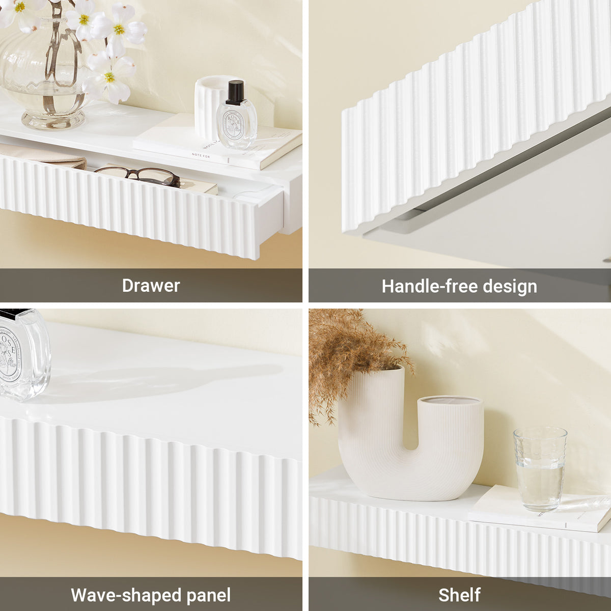 SoBuy FHK38-W, Floating Shelf with Drawer & LED Motion Sensor Light, Wall Shelf for Bedroom, Entryway & Living Room, Battery-Powered, W60 x D20 x H8cm, White