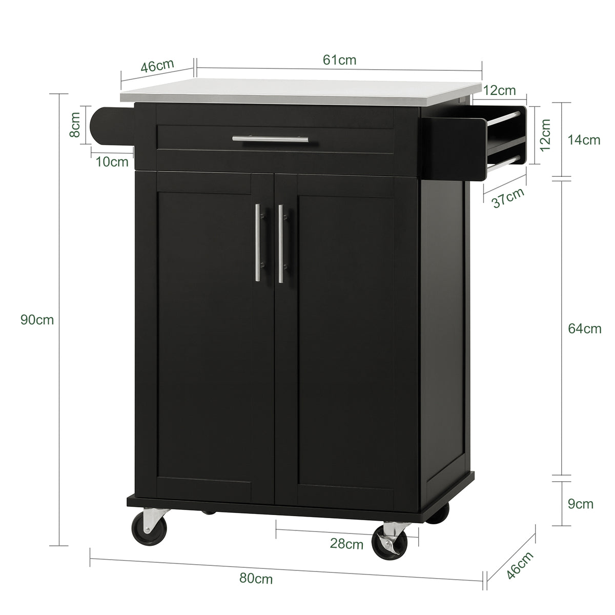 SoBuy FKW110-SCH, Kitchen Cabinet Kitchen Storage Trolley Cart with Stainless Steel Worktop, Black