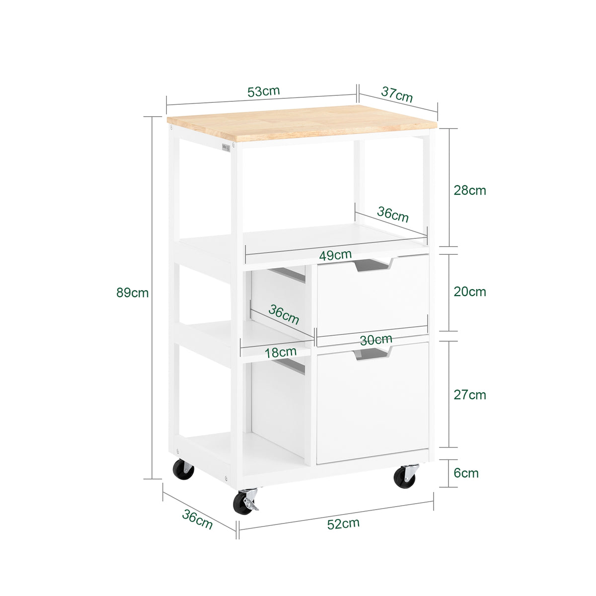 SoBuy FKW111-WN dimensions diagram – W53×D37×H89cm white kitchen trolley on wheels 42kg load capacity