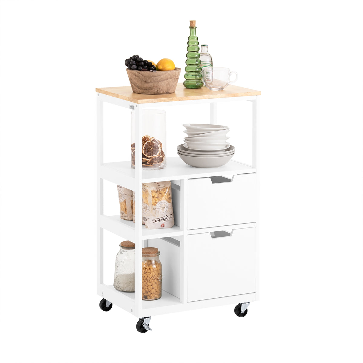 SoBuy FKW111-WN white kitchen trolley on wheels with rubber wood worktop 2 drawers and 3 shelves – white background
