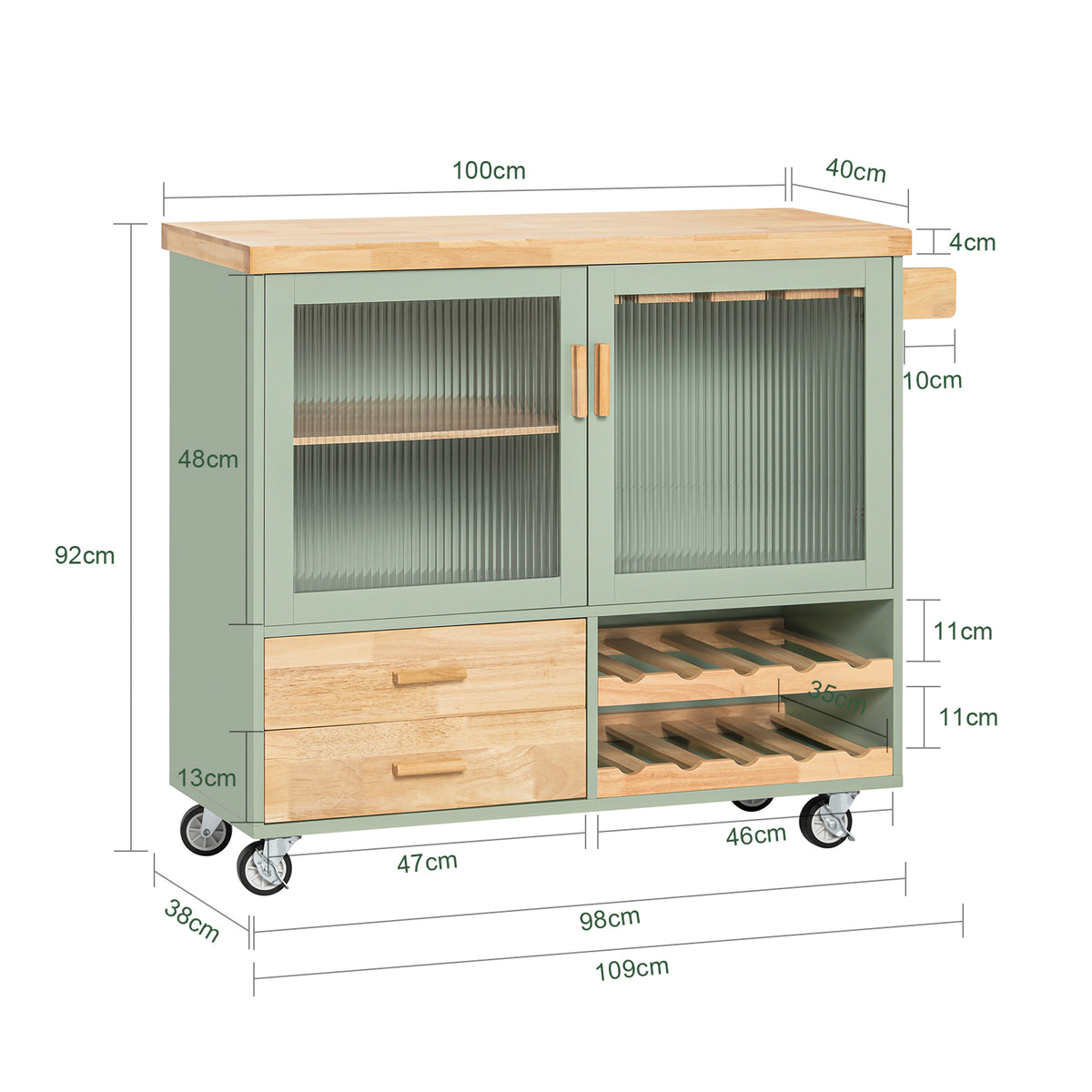 SoBuy FKW114-GR, Kitchen Island Kitchen Storage Trolley Sideboard on Wheels, Green