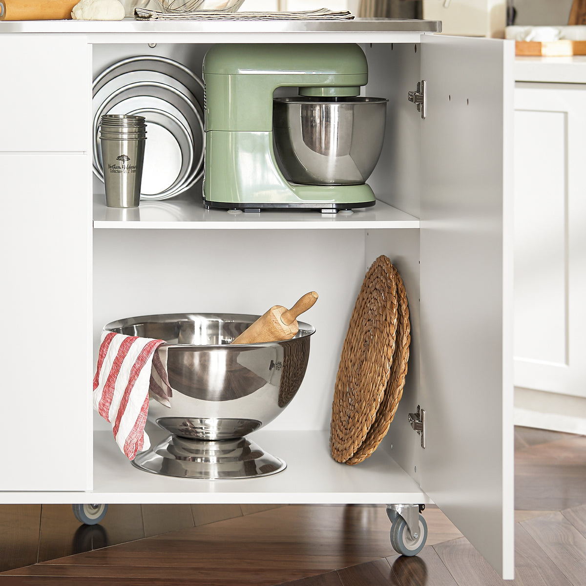 SoBuy FKW117-W cupboard interior with adjustable shelf close-up – enclosed storage on white rolling kitchen island