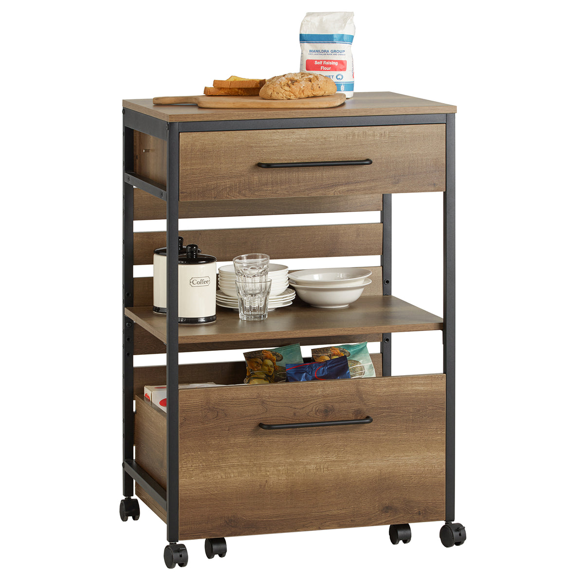 SoBuy FKW118-PF, Industrial Vintage Style Kitchen Trolley Cart Kitchen Storage Trolley Serving Trolley, Brown