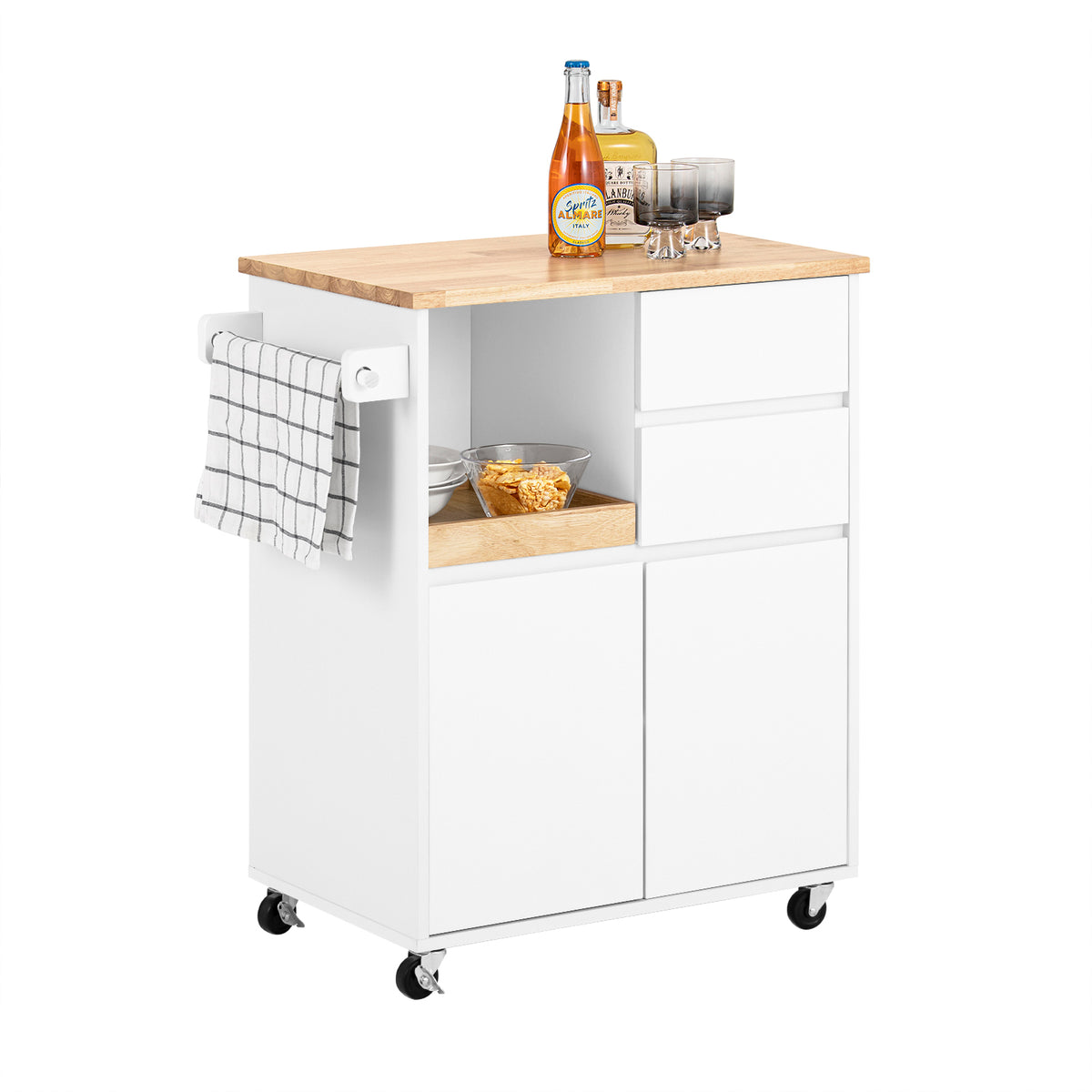 SoBuy FKW123-WN white kitchen trolley on wheels with rubber wood worktop – white background product image