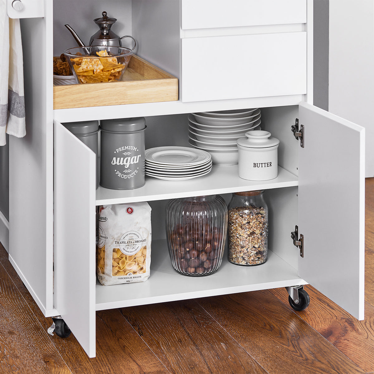 SoBuy FKW123-WN double cabinet interior with adjustable shelf – enclosed storage on white rolling kitchen trolley