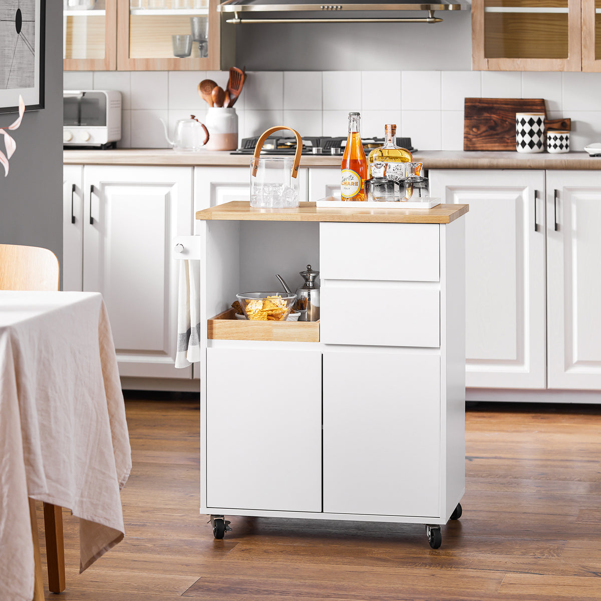 SoBuy FKW123-WN white rolling kitchen trolley with 2 drawers and sliding tray in kitchen setting – rubber wood worktop
