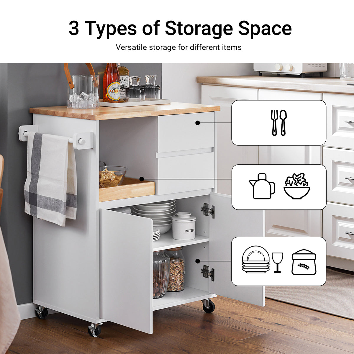 SoBuy FKW123-WN white kitchen trolley full product overview – rubber wood worktop 2 drawers double cabinet sliding tray