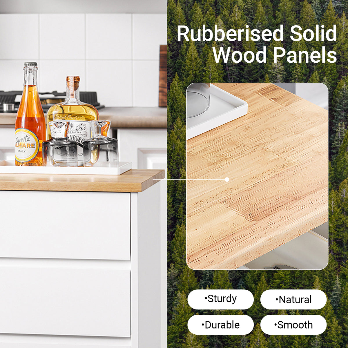 SoBuy FKW123-WN natural rubber wood worktop detail – durable food prep surface on white kitchen trolley on wheels