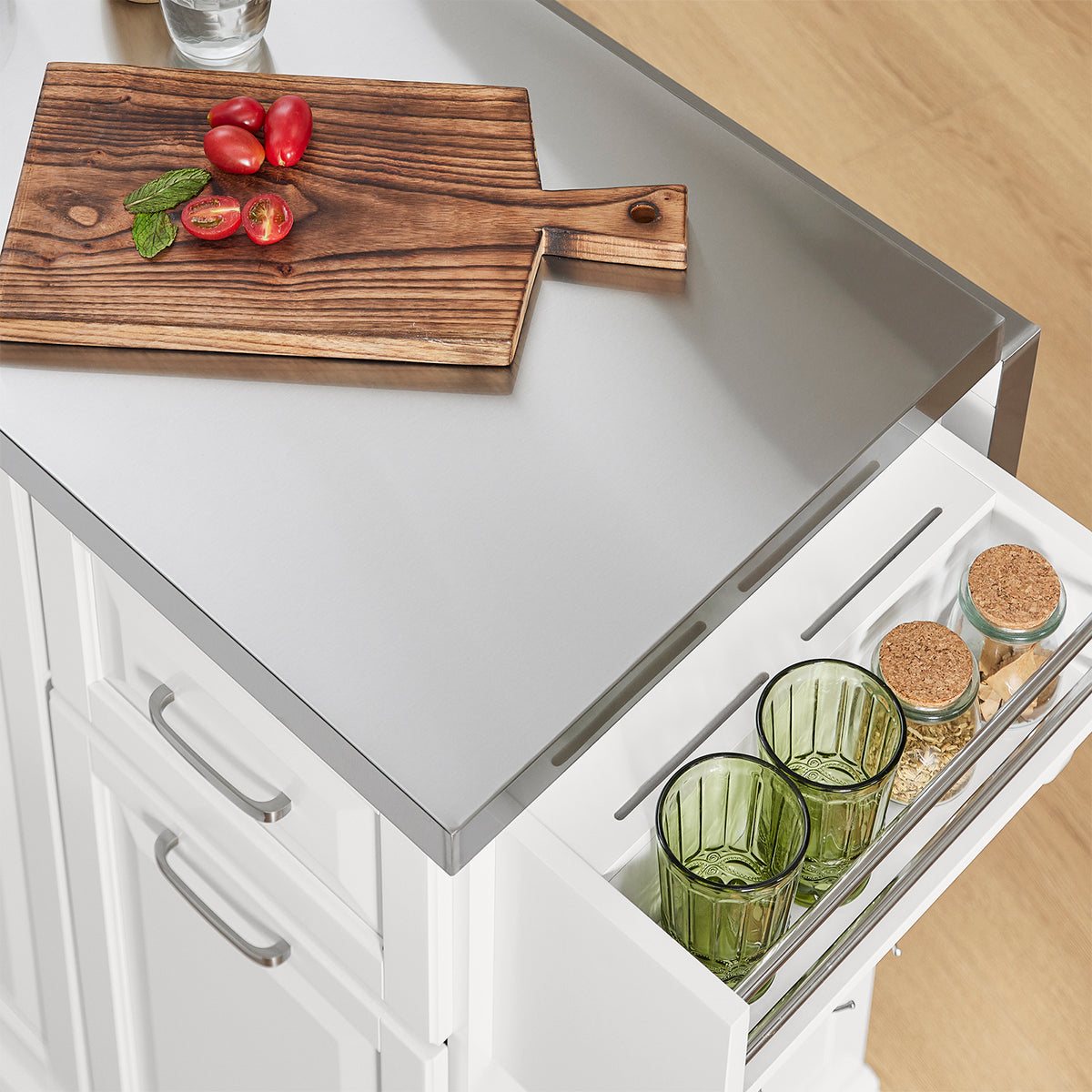 SoBuy FKW128-II-ST, Kitchen Island on Wheels Rolling Storage Trolley with Expandable Worktop Kitchen Storage Unit Cabinet Sideboard Perfect for Kitchen Organisation W130 x D46/71 x H91cm White