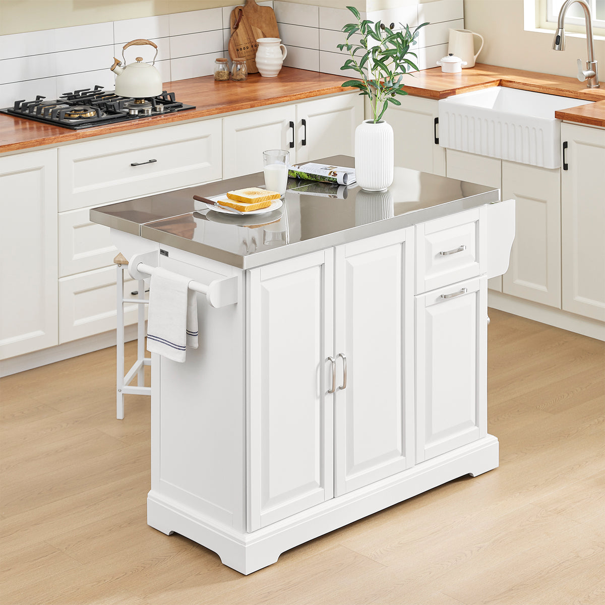 SoBuy FKW128-II-ST, Kitchen Island on Wheels Rolling Storage Trolley with Expandable Worktop Kitchen Storage Unit Cabinet Sideboard Perfect for Kitchen Organisation W130 x D46/71 x H91cm White