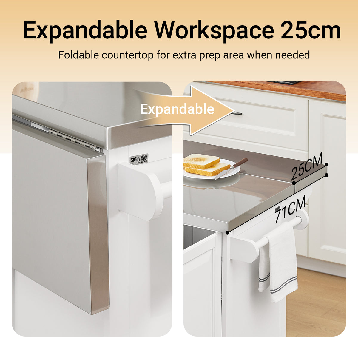 SoBuy FKW128-II-ST, Kitchen Island on Wheels Rolling Storage Trolley with Expandable Worktop Kitchen Storage Unit Cabinet Sideboard Perfect for Kitchen Organisation W130 x D46/71 x H91cm White