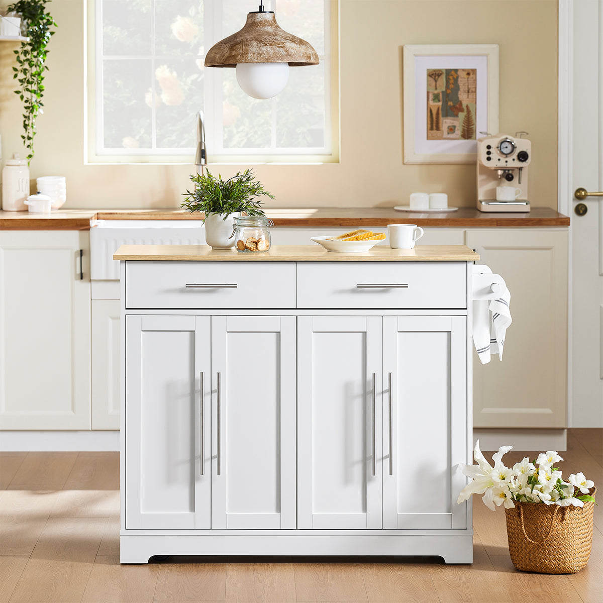 SoBuy FKW129-WN, Kitchen Island on Wheels Rolling Kitchen Storage Trolley with Extendable Rubber Wood Worktop, 2 Drawers and Adjustable Shelves for Dining Room, Breakfast Bar White 113x91x(44–69) cm