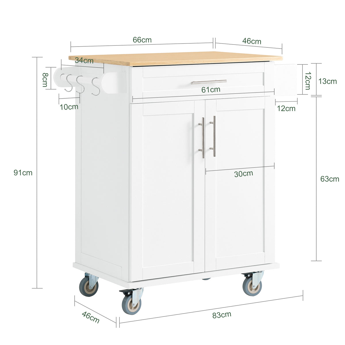 SoBuy FKW13-II-WN dimensions diagram – W83×D46×H91cm white kitchen trolley on wheels 60kg load capacity