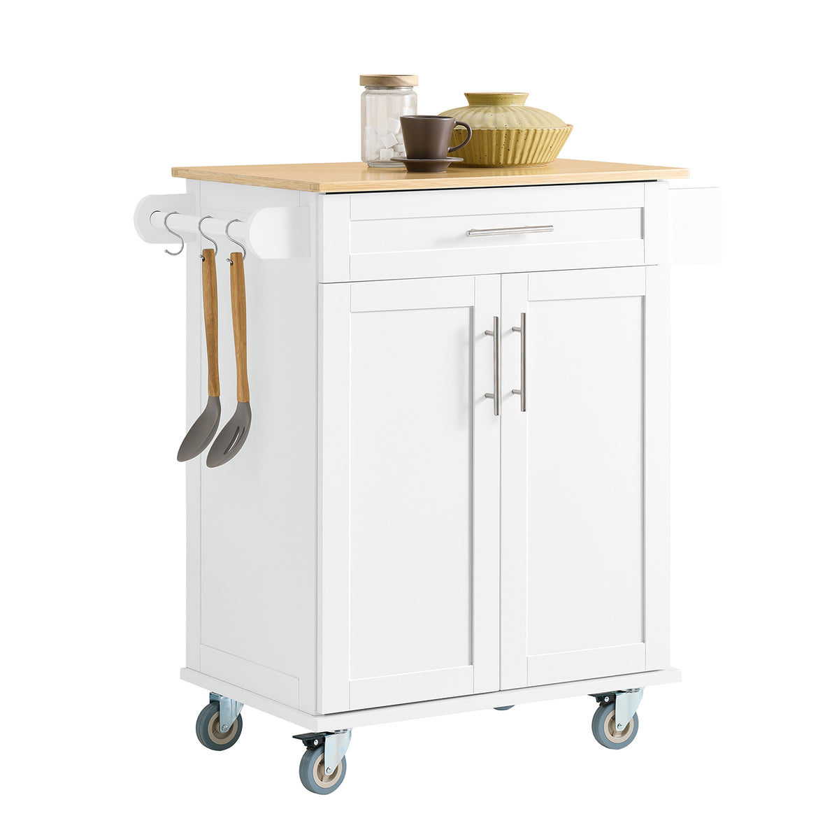 SoBuy FKW13-II-WN white kitchen trolley on wheels with carbonised bamboo worktop drawer double cabinet and spice rack – white background