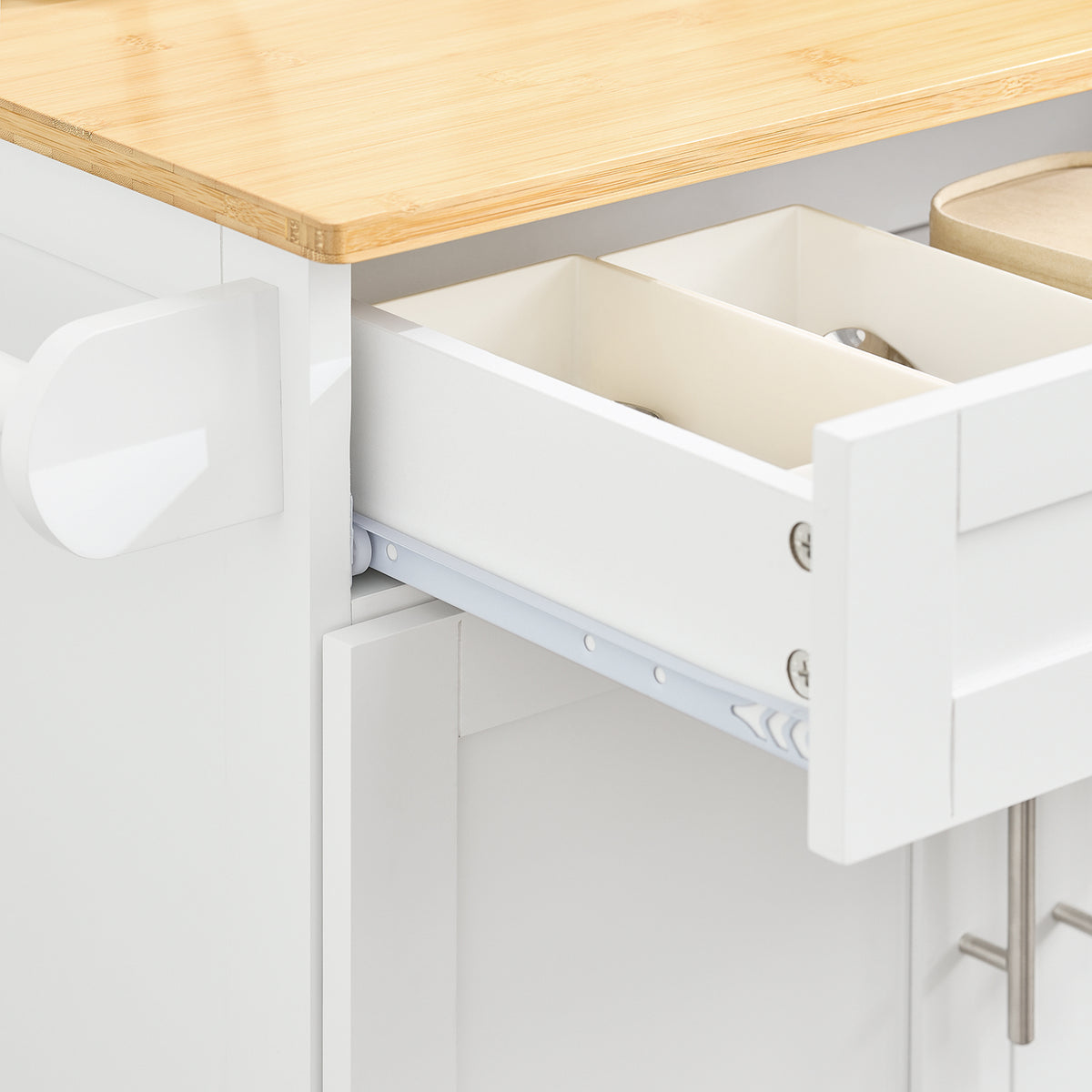 SoBuy FKW13-II-WN drawer interior close-up – roomy cutlery and utensil storage on white bamboo worktop kitchen trolley