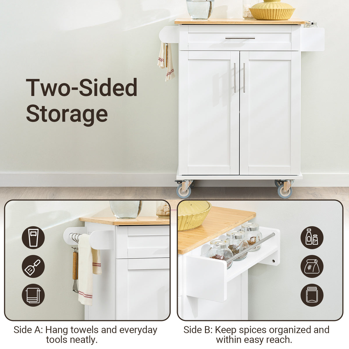SoBuy FKW13-II-WN towel rail and European-style handles detail – white kitchen trolley on wheels