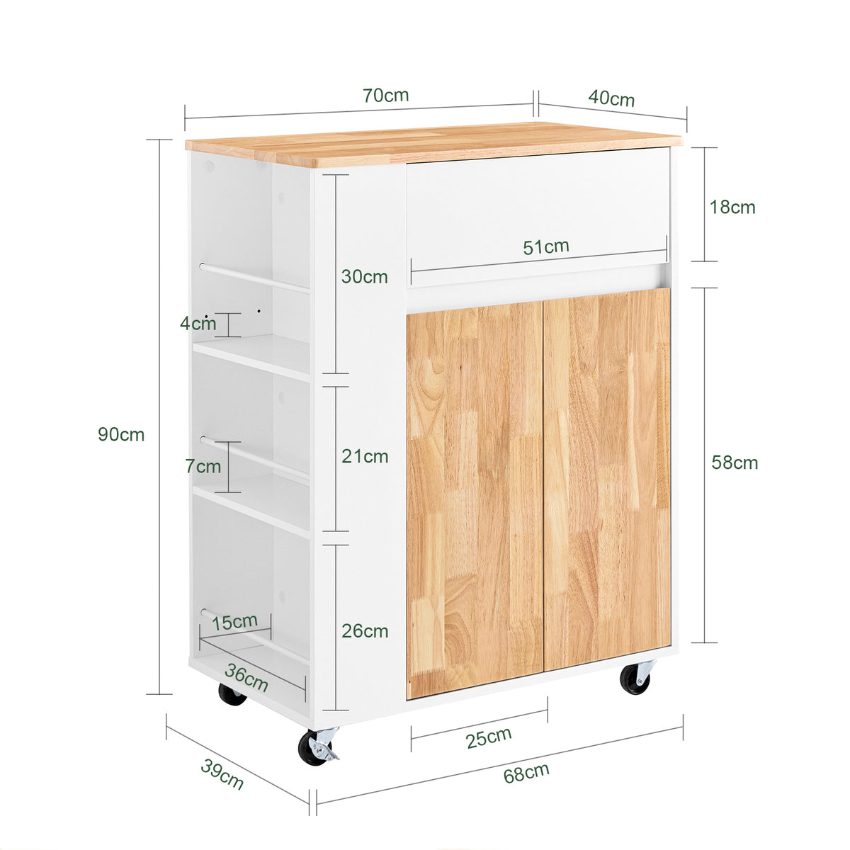 SoBuy FKW132-WN, Rolling Kitchen Storage Islands & Carts Kitchen Storage Trolley with Rubberwood Worktop, FreeStanding Units for Dining Room, Coffee Station, or Small Spaces W70 x D40 x H90 cm White