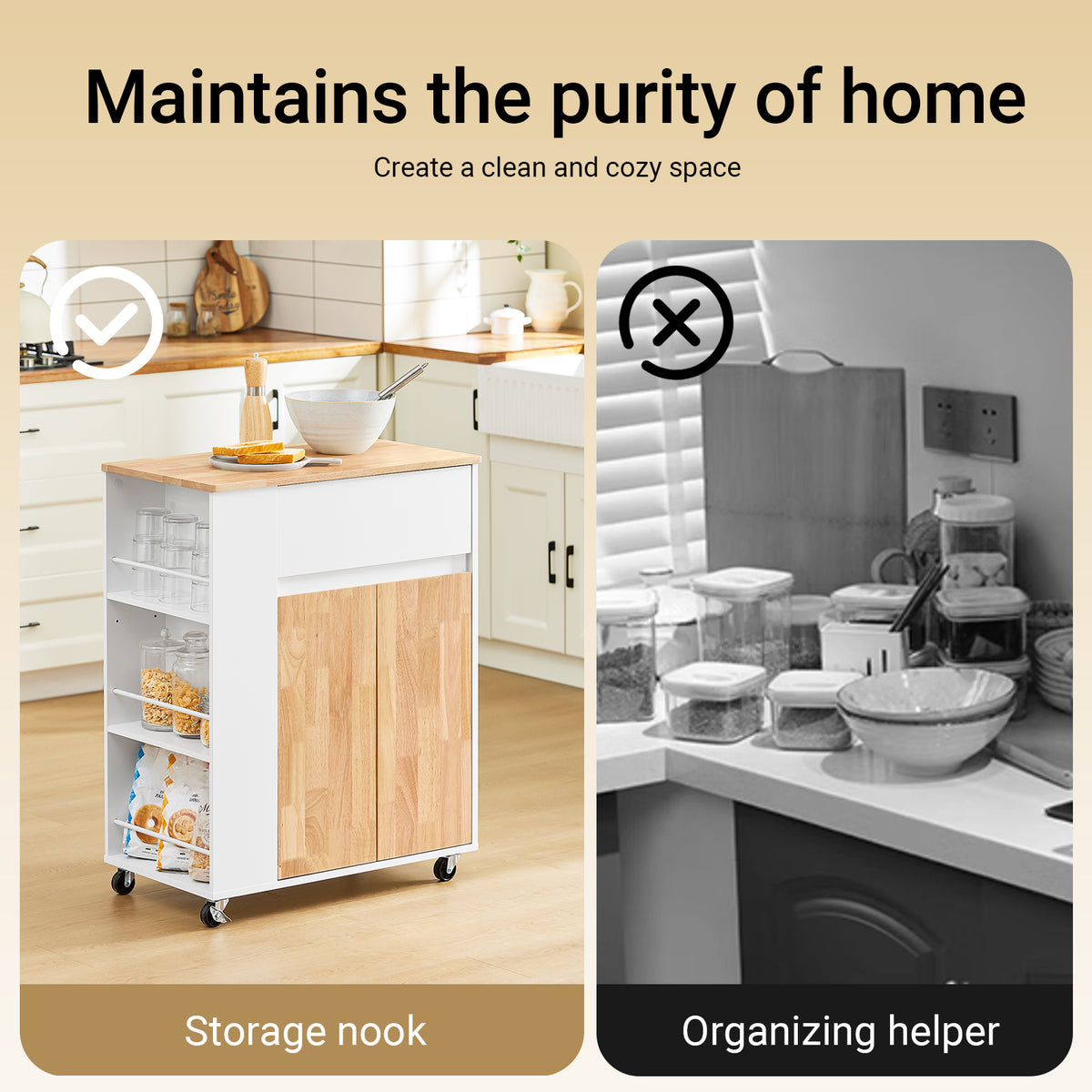 SoBuy FKW132-WN, Rolling Kitchen Storage Islands & Carts Kitchen Storage Trolley with Rubberwood Worktop, FreeStanding Units for Dining Room, Coffee Station, or Small Spaces W70 x D40 x H90 cm White
