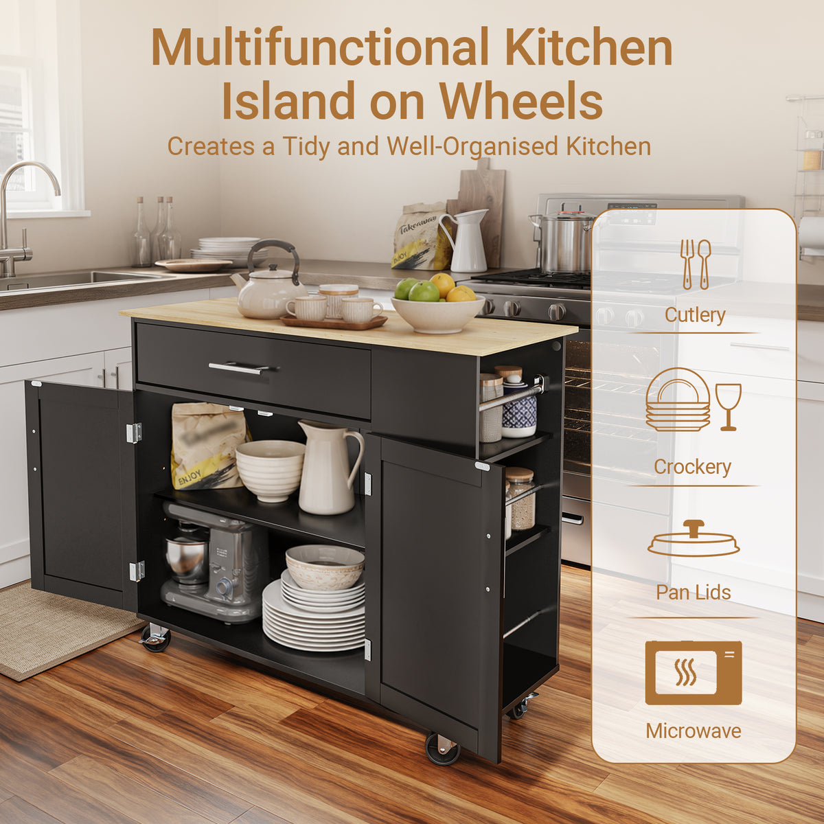 SoBuy FKW133-SCH, Kitchen Island on Wheels with Adjustable Shelf & 3-Tier Side Rack, Black, W99 x D40 x H85cm