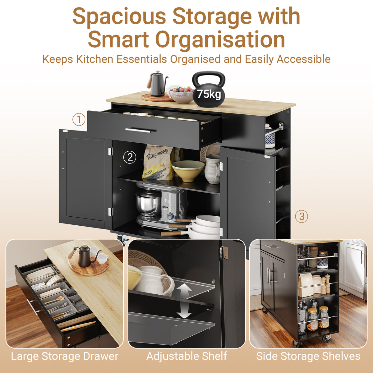 SoBuy FKW133-SCH, Kitchen Island on Wheels with Adjustable Shelf & 3-Tier Side Rack, Black, W99 x D40 x H85cm