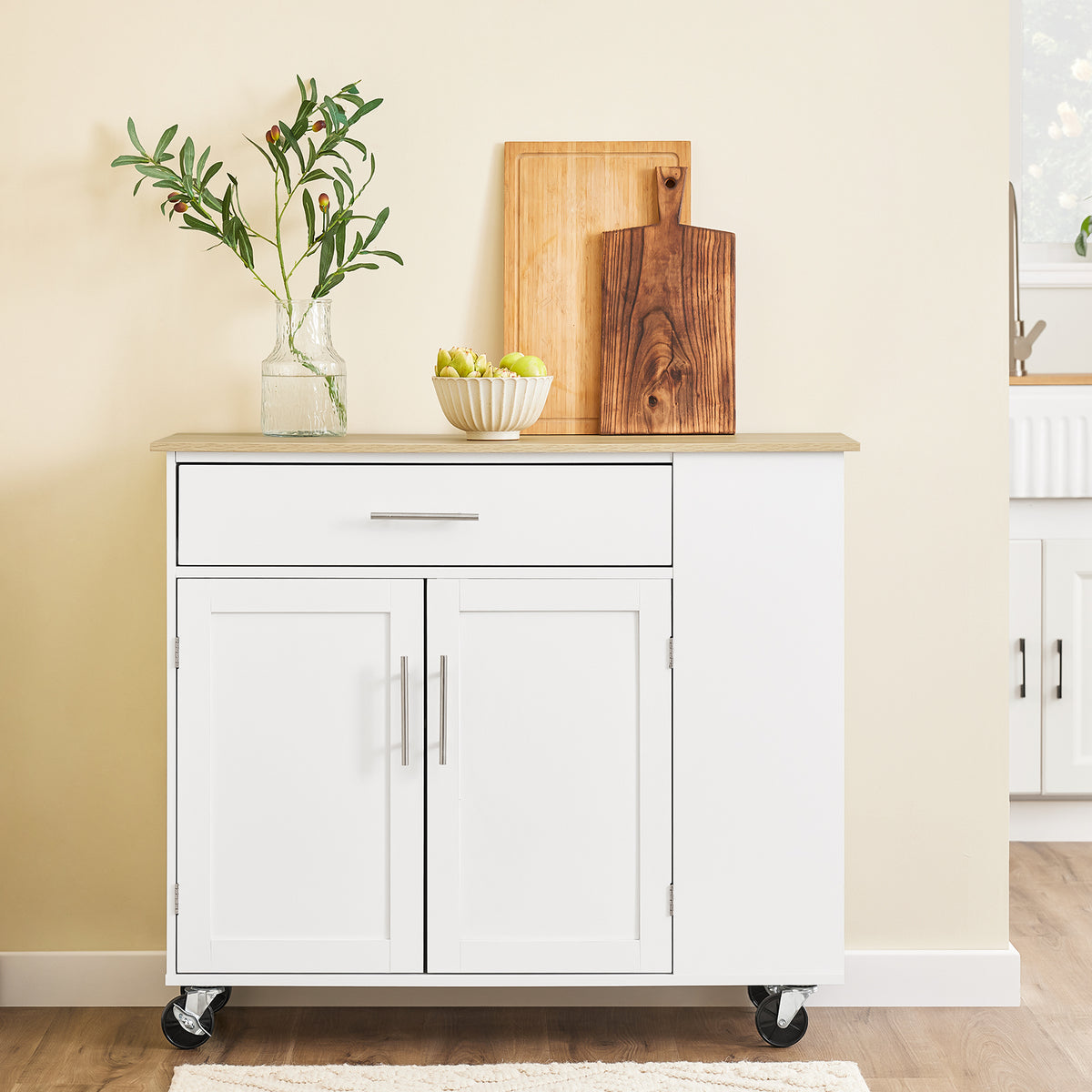 SoBuy FKW133-WN, Kitchen Island on Wheels Rolling Kitchen Storage Trolley with Drawer and Adjustable Shelf Kitchen Cabinet Cupboard for Dining Room, Breakfast Bar White W99 x D40 x H85 cm