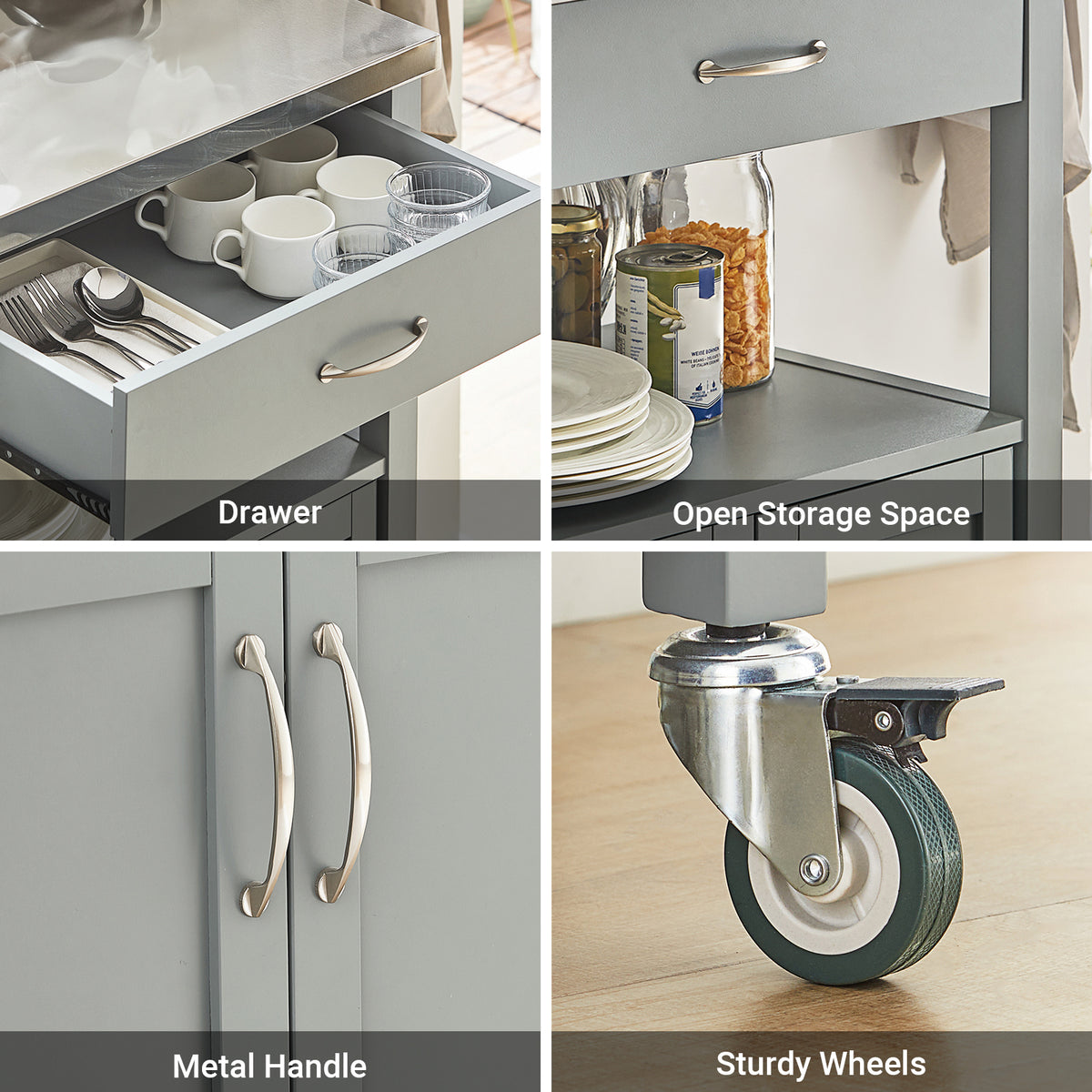 SoBuy FKW22-HG Kitchen Trolley with Storage Mobile Kitchen Cart with Drawer, Open Shelf Compact Kitchen Unit on Wheels, Ideal as Microwave Stand, Storage Trolley or Side Cabinet Grey 60x92x44cm