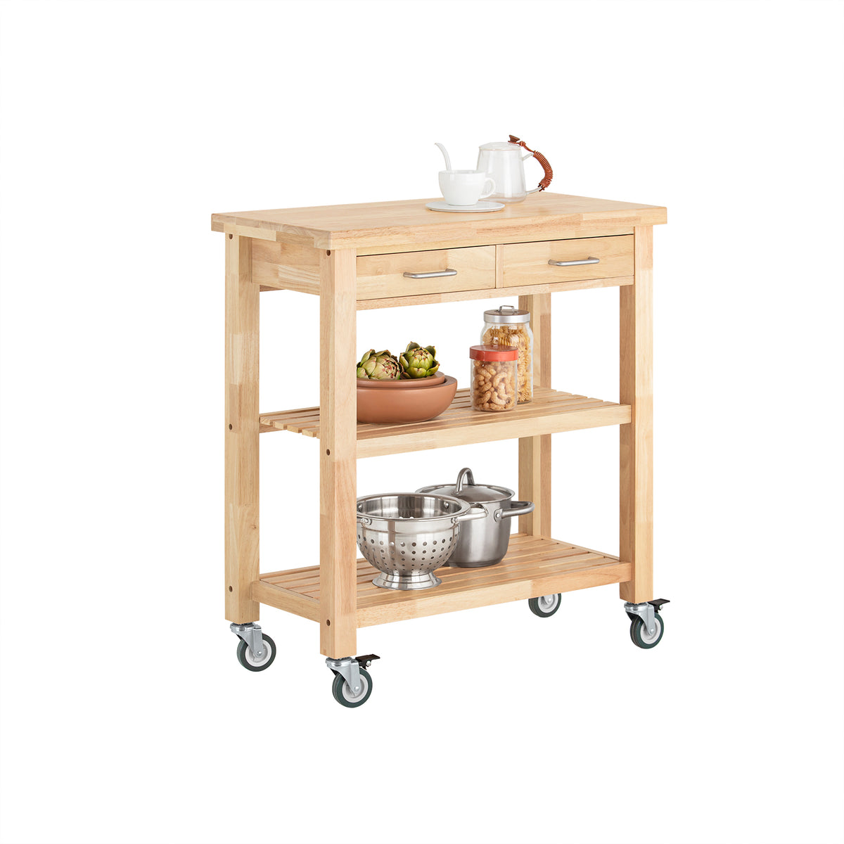 SoBuy FKW24-II-N, Kitchen Trolley on Wheels Rubber Wood Storage Cart – Free Standing Kitchen Storage Unit with 2 Drawers & 2 Shelves – Compact Kitchen Island for Small Kitchens and Flats 80x40x90 cm