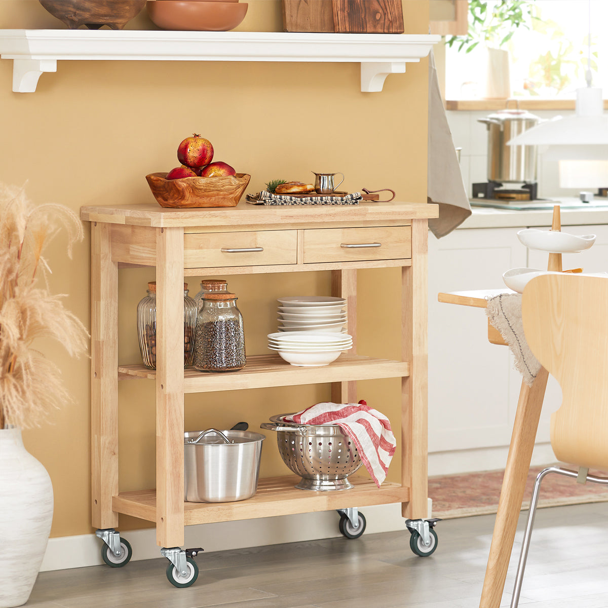 SoBuy FKW24-II-N, Kitchen Trolley on Wheels Rubber Wood Storage Cart – Free Standing Kitchen Storage Unit with 2 Drawers & 2 Shelves – Compact Kitchen Island for Small Kitchens and Flats 80x40x90 cm