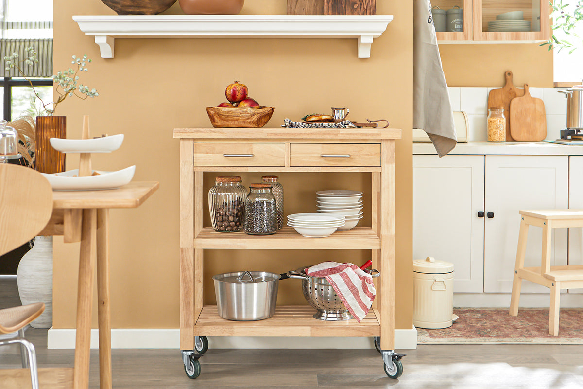 SoBuy FKW24-II-N, Kitchen Trolley on Wheels Rubber Wood Storage Cart – Free Standing Kitchen Storage Unit with 2 Drawers & 2 Shelves – Compact Kitchen Island for Small Kitchens and Flats 80x40x90 cm