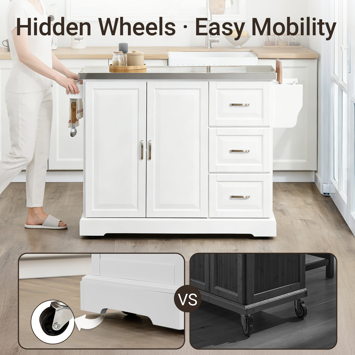 SoBuy FKW41-III-ST 4 castors with 2 locking brakes for mobility and stable positioning white kitchen island
