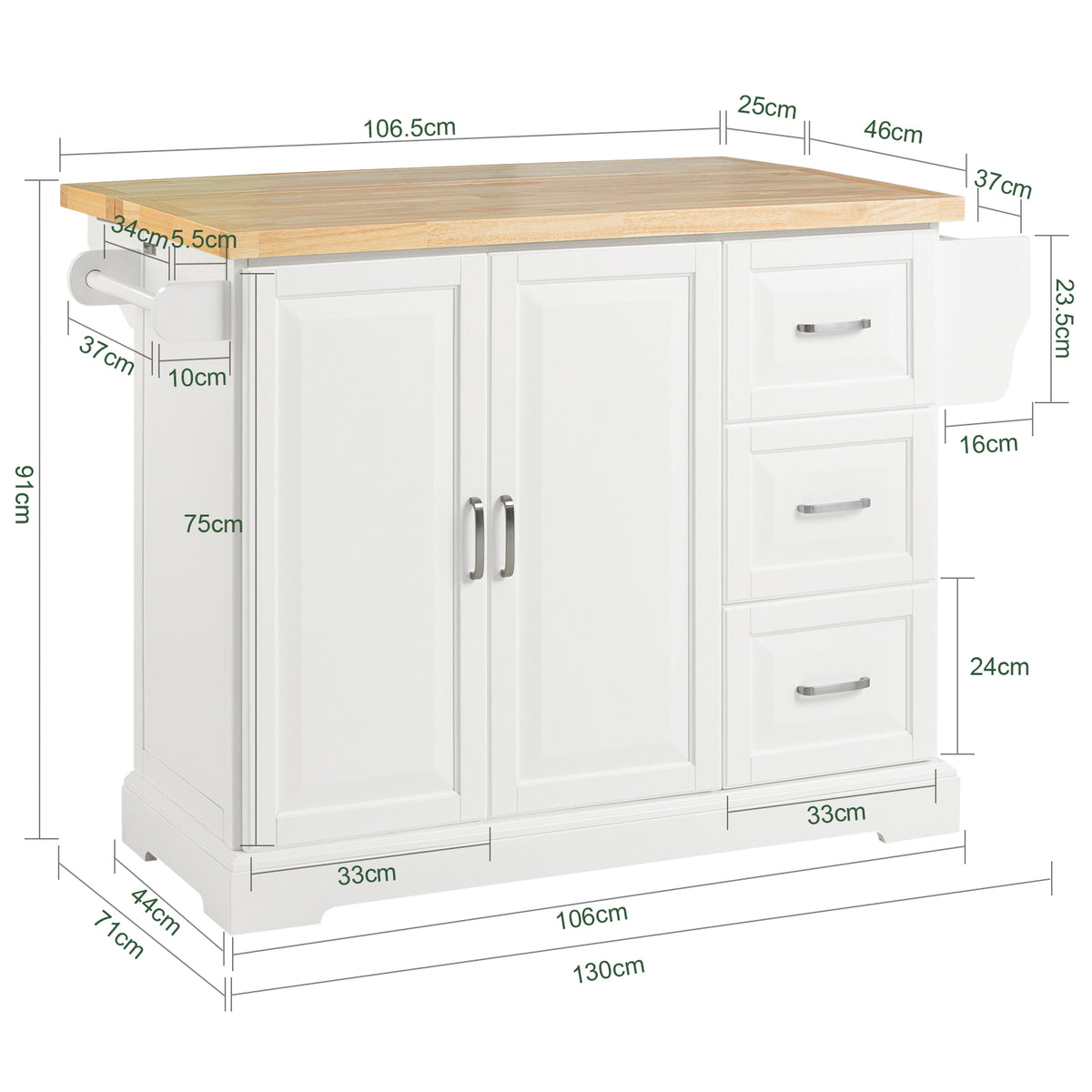 SoBuy FKW41-WN+FST29-WNx2, Kitchen Island Set, Kitchen Island and 2 Kitchen Breakfast Bar Stools, White