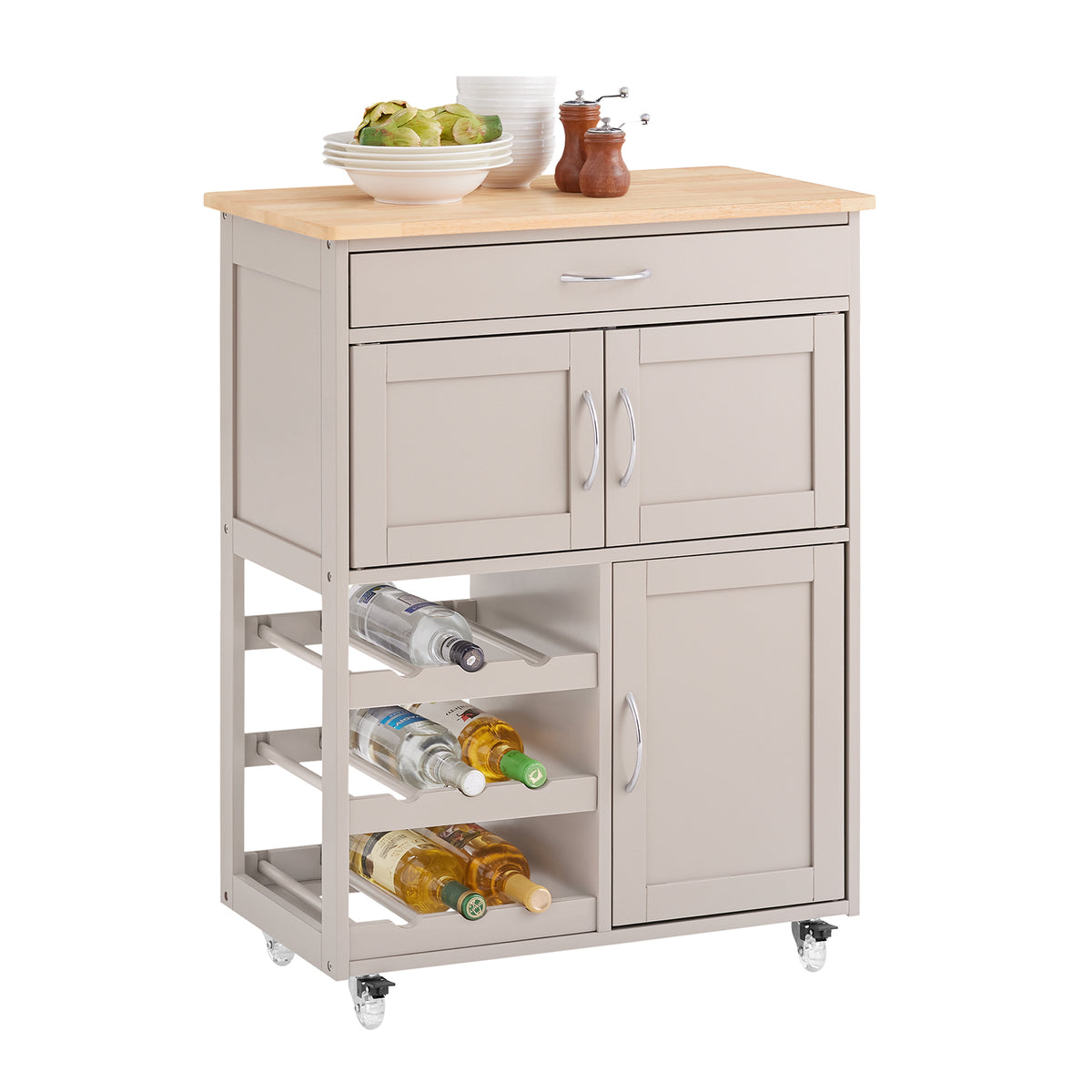 SoBuy FKW45-KA khaki kitchen trolley on wheels with rubber wood worktop – side view white background