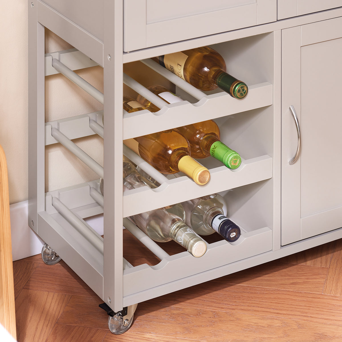 SoBuy FKW45-KA 3-tier wine rack close-up – bottle and glass storage on khaki rolling kitchen trolley